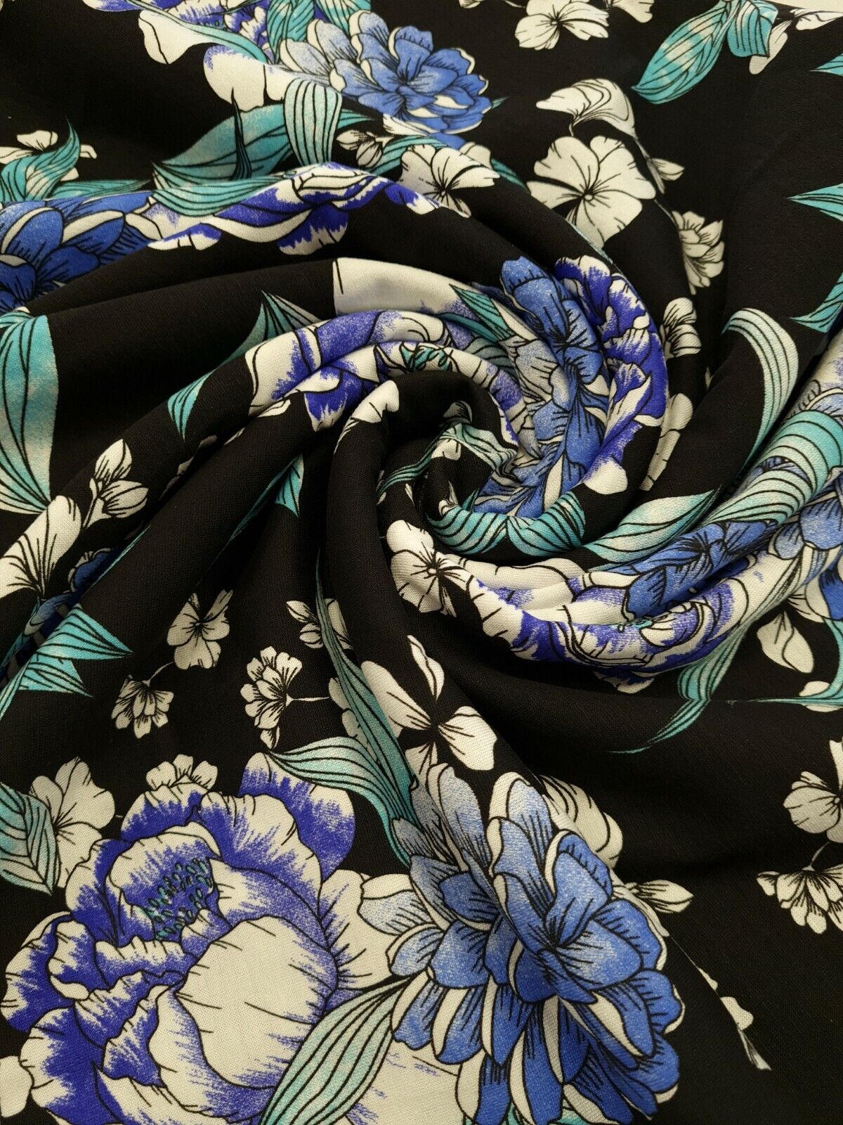 Large Blue Sketch Floral Print Viscose Elastane Fabric - T9 Fabrics