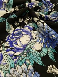 Large Blue Sketch Floral Print Viscose Elastane Fabric - T9 Fabrics