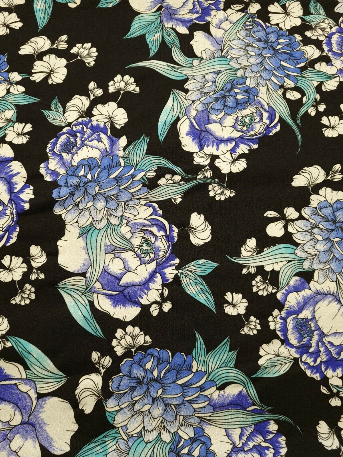 Large Blue Sketch Floral Print Viscose Elastane Fabric - T9 Fabrics