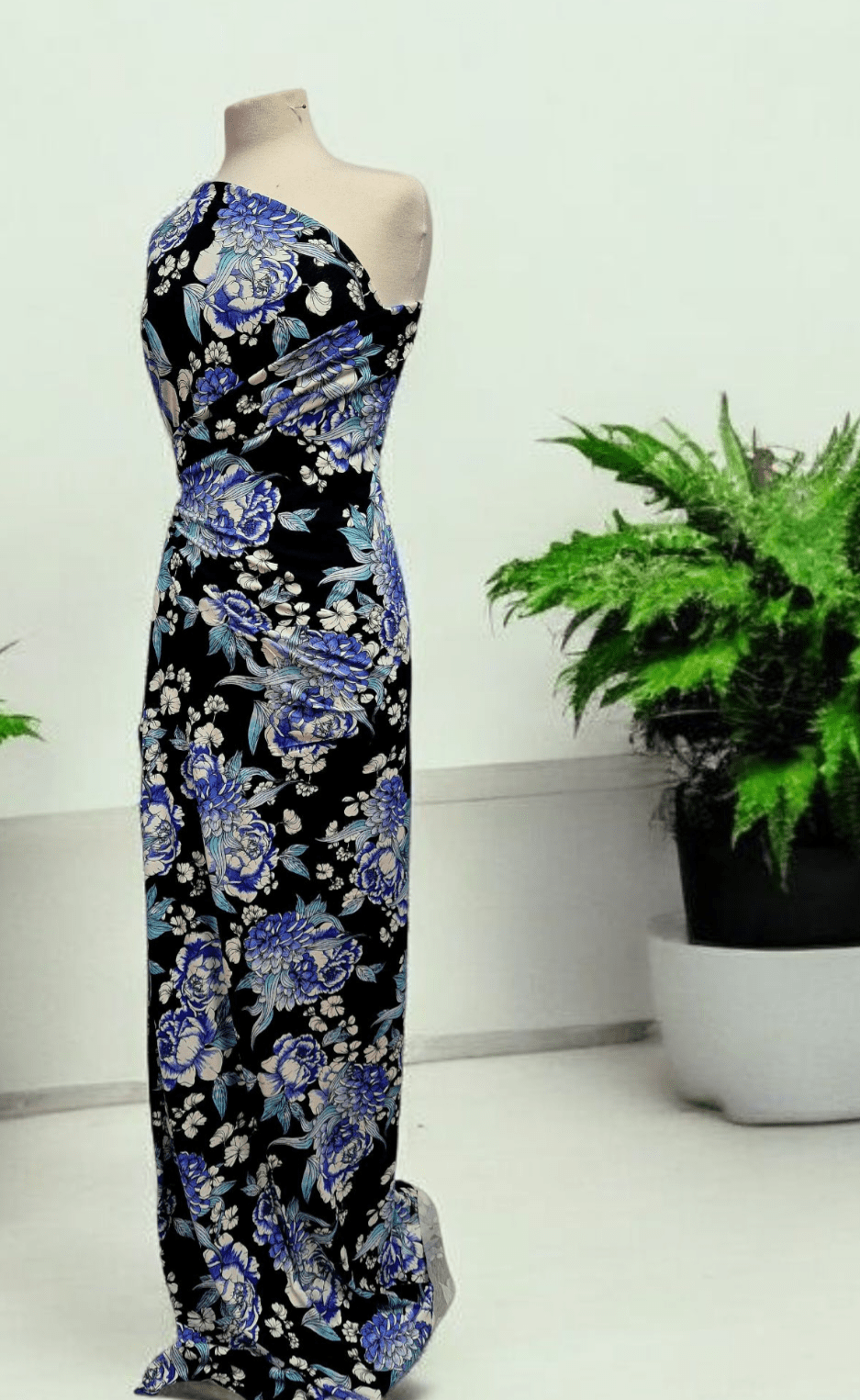 Large Blue Sketch Floral Print Viscose Elastane Fabric - T9 Fabrics