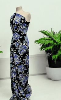 Large Blue Sketch Floral Print Viscose Elastane Fabric - T9 Fabrics