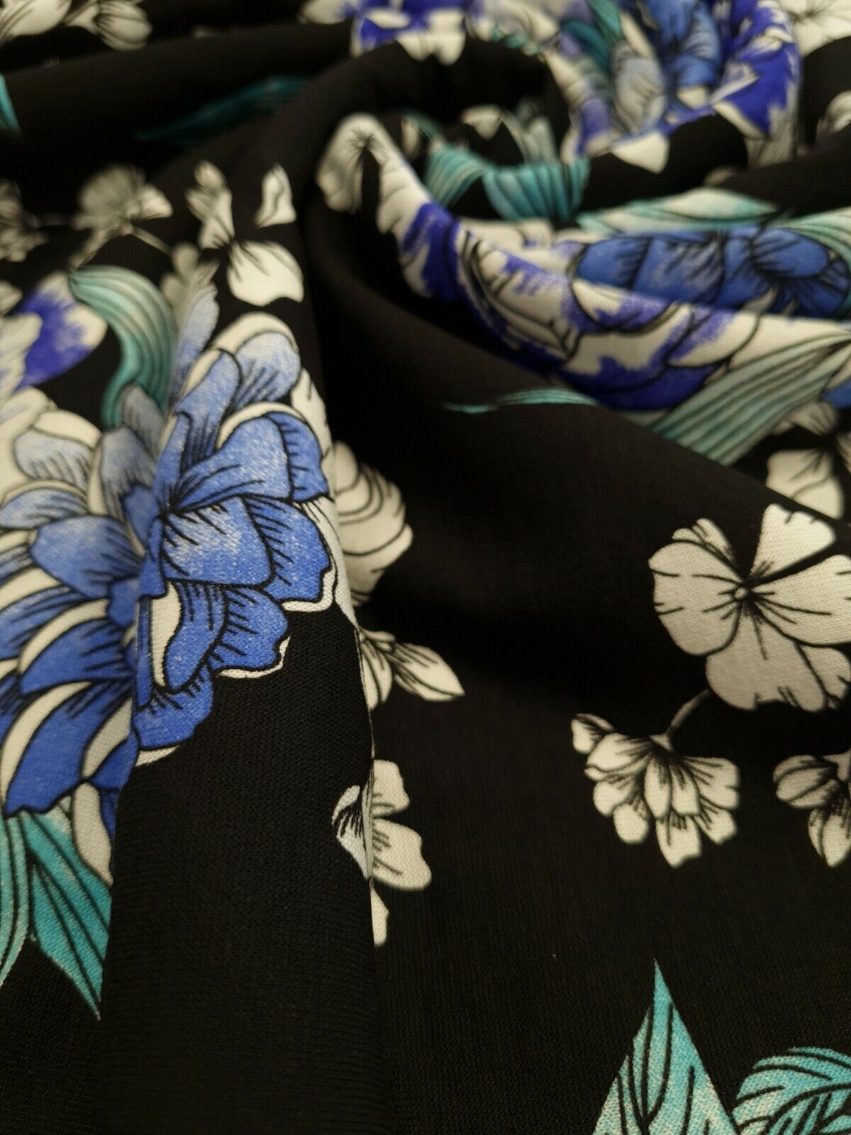 Large Blue Sketch Floral Print Viscose Elastane Fabric - T9 Fabrics