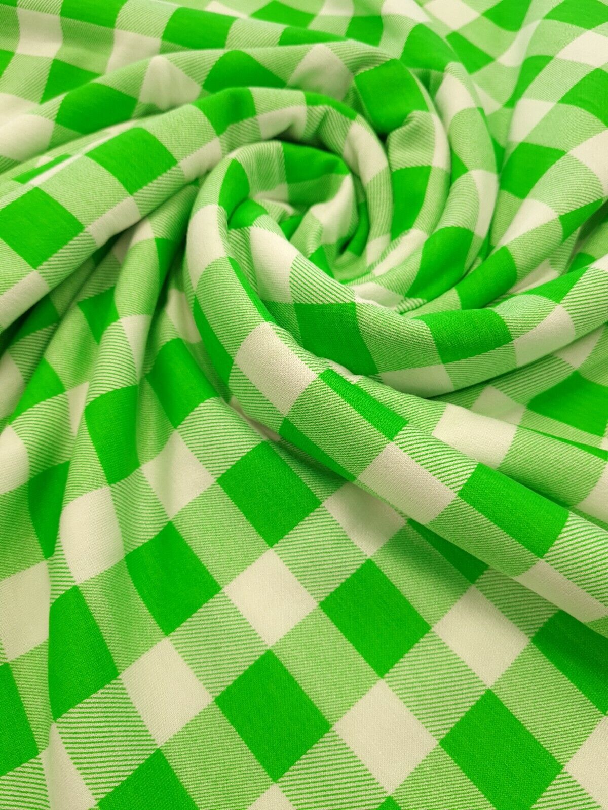 Large Green Gingham Print Viscose Elastane Fabric - T9 Fabrics