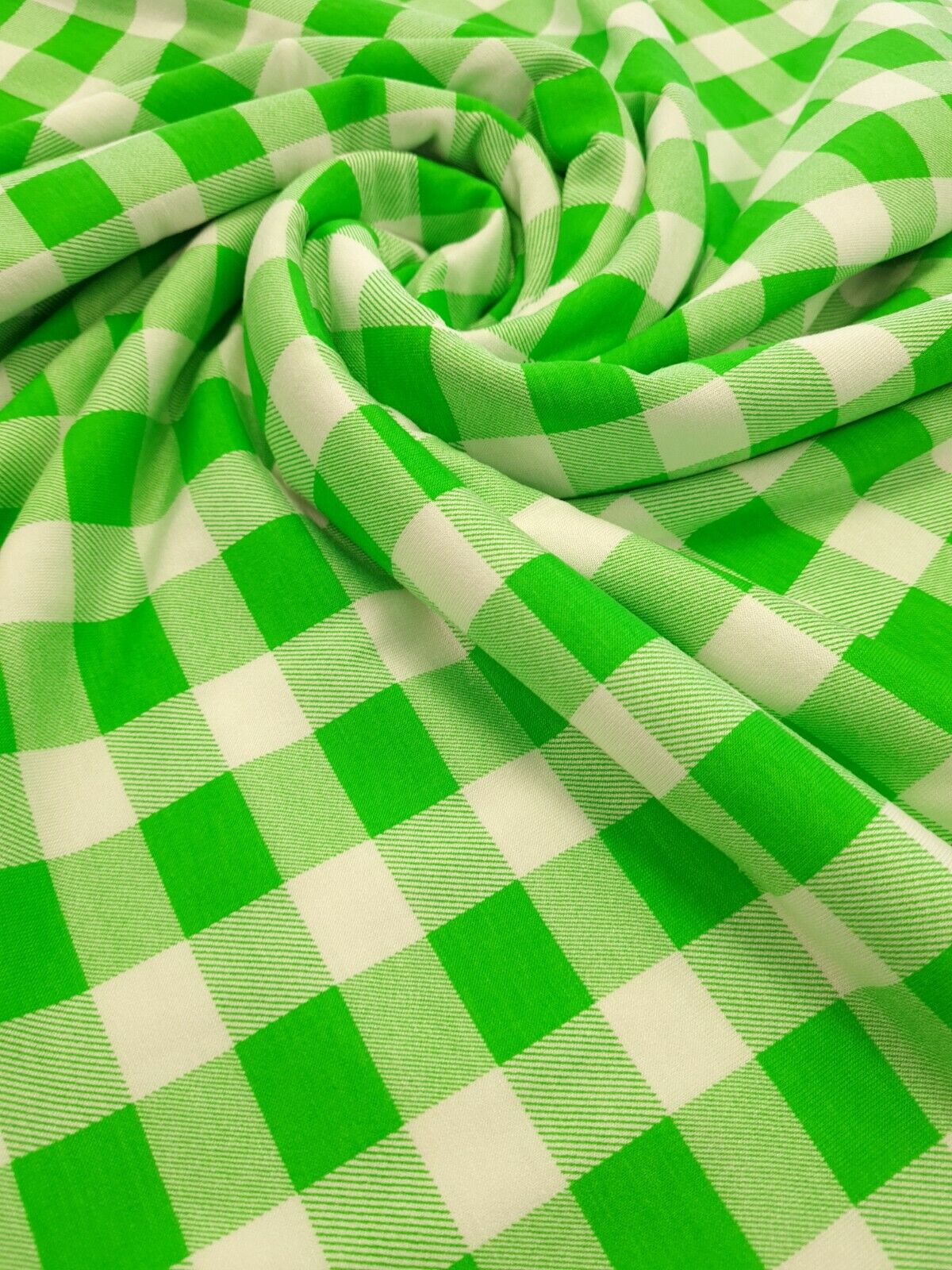 Large Green Gingham Print Viscose Elastane Fabric - T9 Fabrics