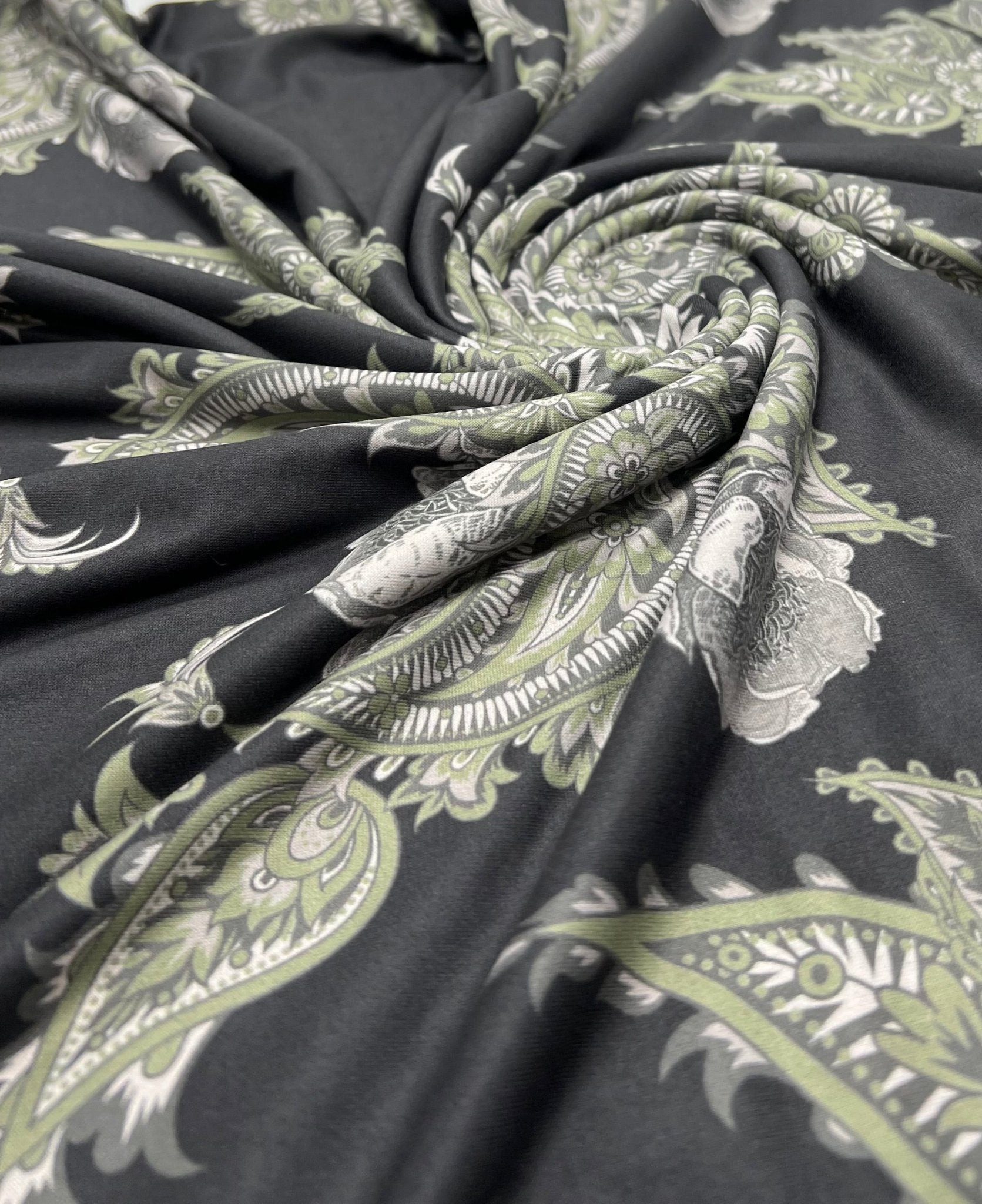 Large Khaki Paisley Super Soft Print Spun Poly Stretch Fabric - T9 Fabrics
