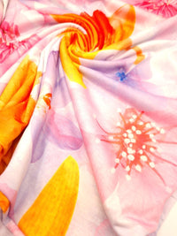 Large Lilac Orange Floral Print Spun Poly Stretch Fabric - T9 Fabrics