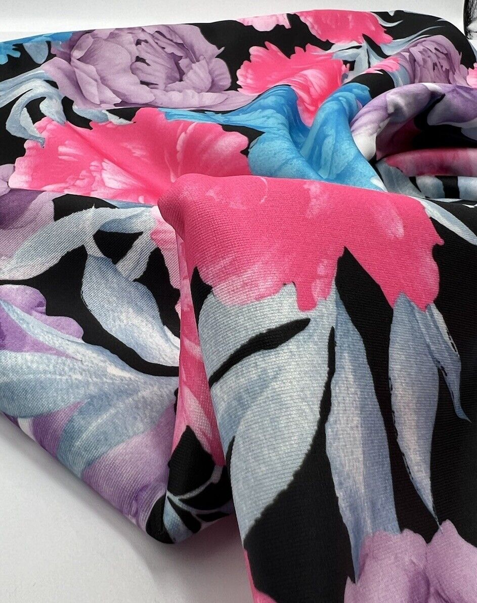 Large Multi Floral Printed Plain Scuba Fabric - T9 Fabrics