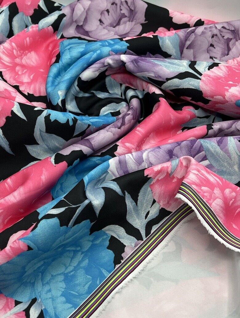 Large Multi Floral Printed Plain Scuba Fabric - T9 Fabrics