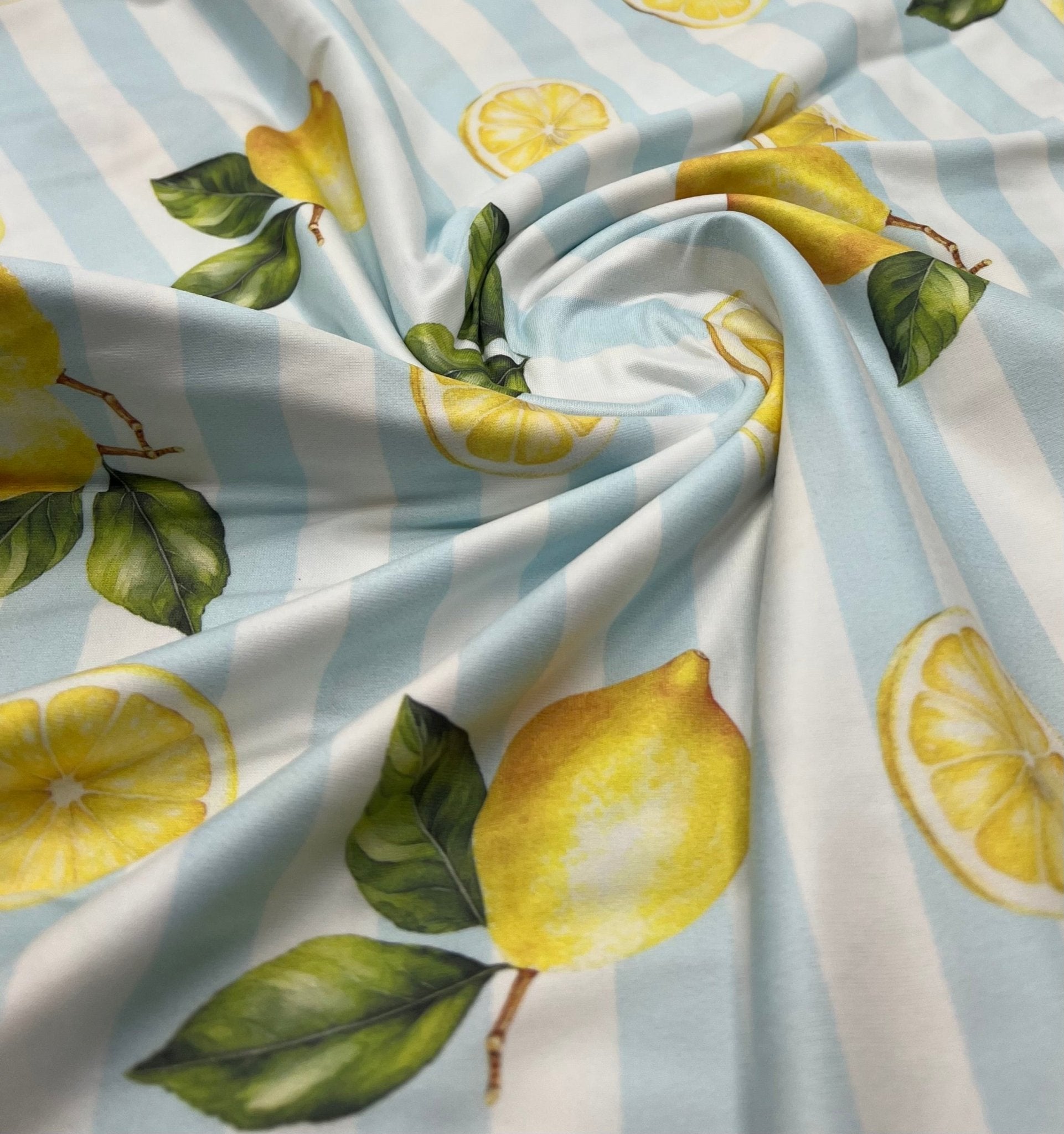 Lemon Blue Stripe Super Soft Print Spun Poly Stretch Fabric - T9 Fabrics