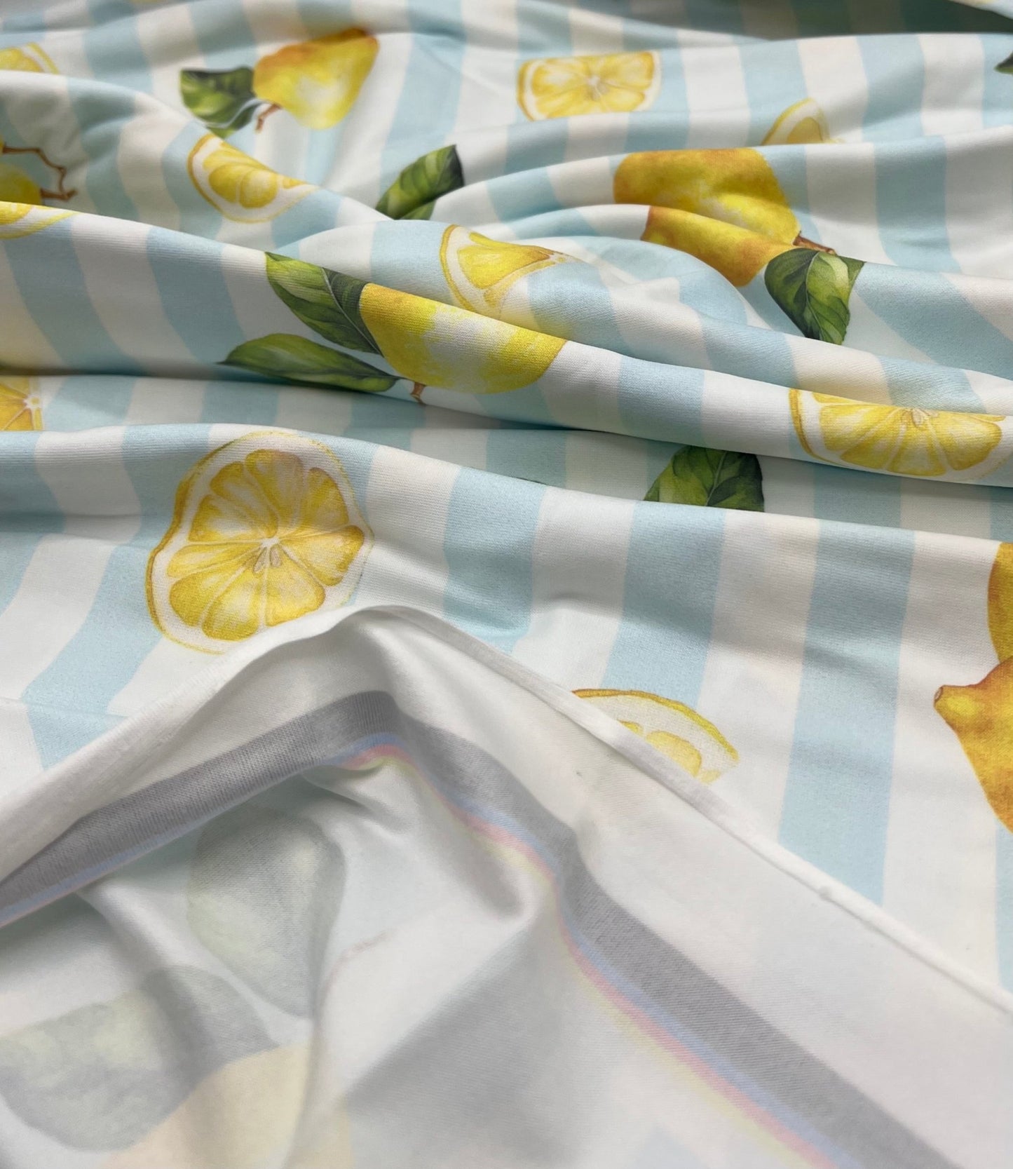 Lemon Blue Stripe Super Soft Print Spun Poly Stretch Fabric - T9 Fabrics