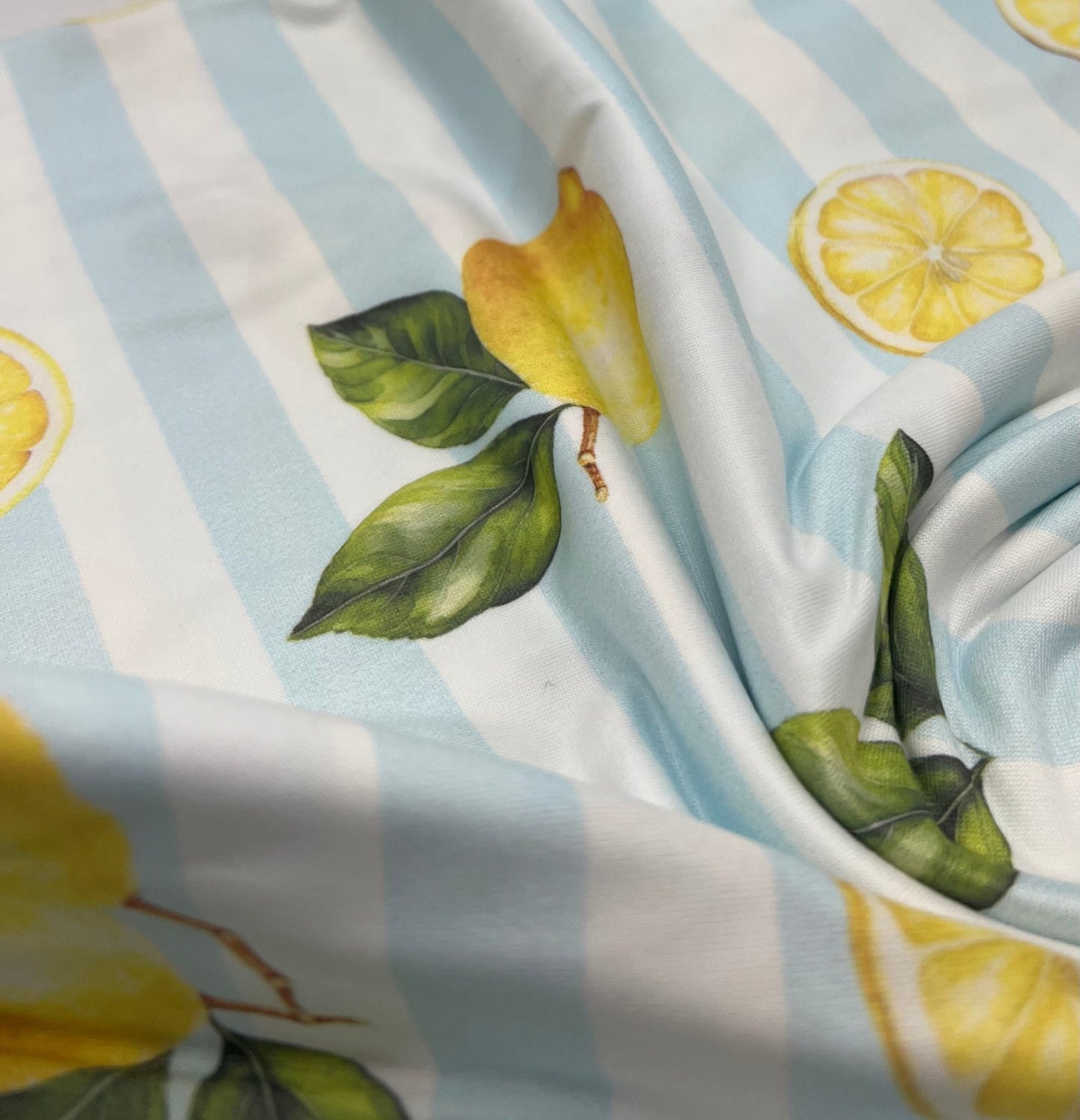 Lemon Blue Stripe Super Soft Print Spun Poly Stretch Fabric - T9 Fabrics