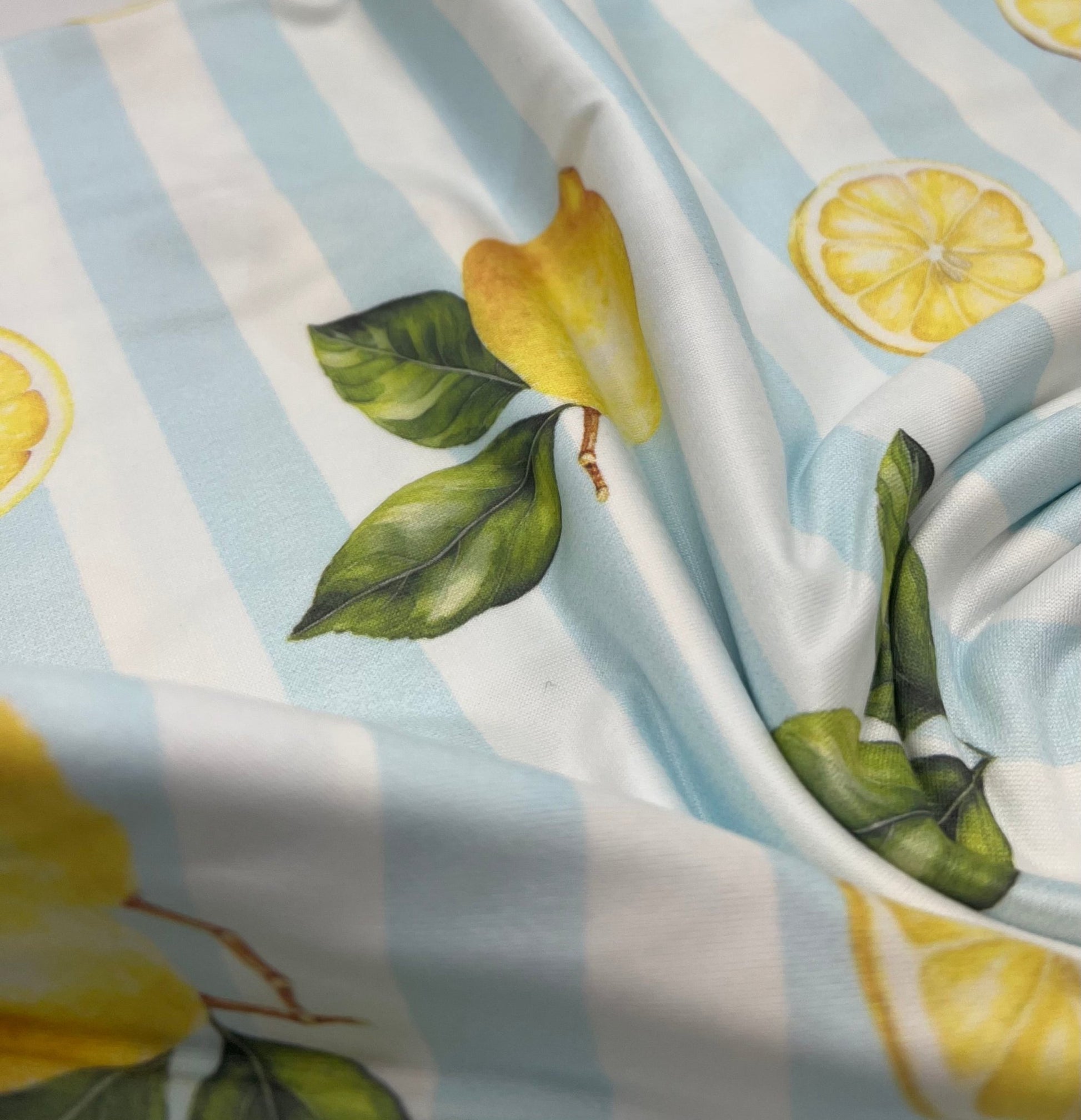 Lemon Blue Stripe Super Soft Print Spun Poly Stretch Fabric - T9 Fabrics