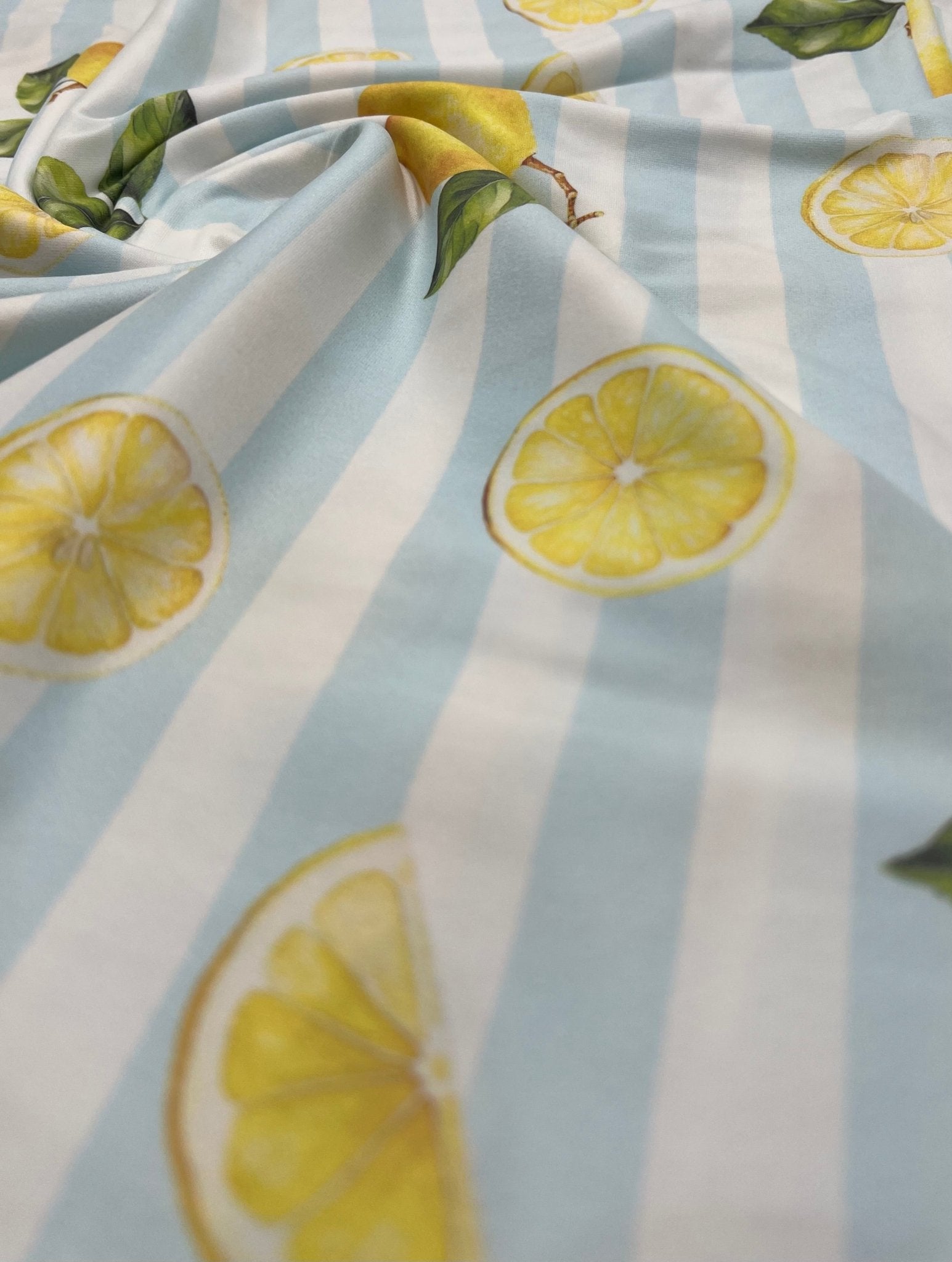 Lemon Blue Stripe Super Soft Print Spun Poly Stretch Fabric - T9 Fabrics