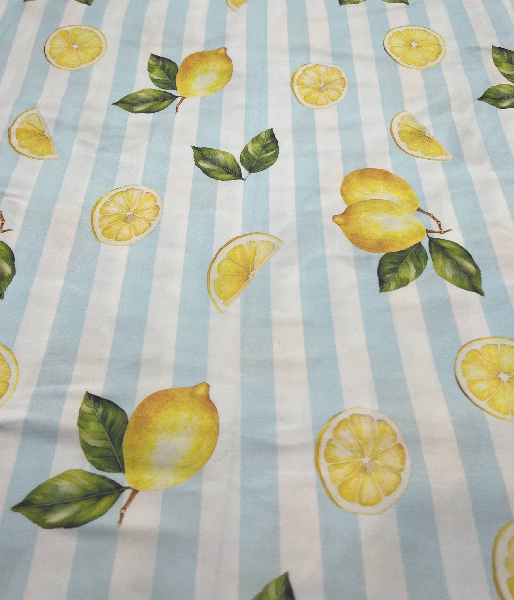 Lemon Blue Stripe Super Soft Print Spun Poly Stretch Fabric - T9 Fabrics