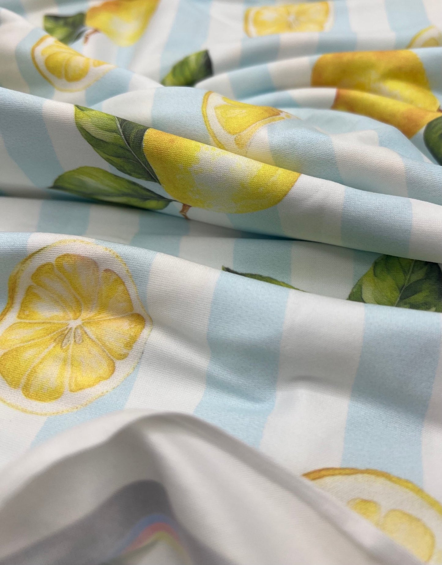 Lemon Blue Stripe Super Soft Print Spun Poly Stretch Fabric - T9 Fabrics