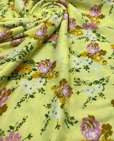 Lemon Yellow Floral Print Spun Poly Stretch Fabric - T9 Fabrics