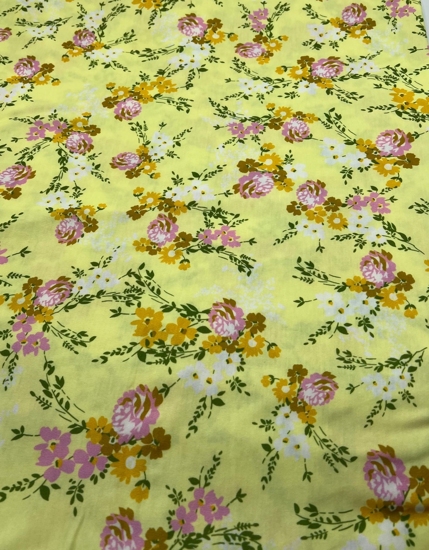 Lemon Yellow Floral Print Spun Poly Stretch Fabric - T9 Fabrics