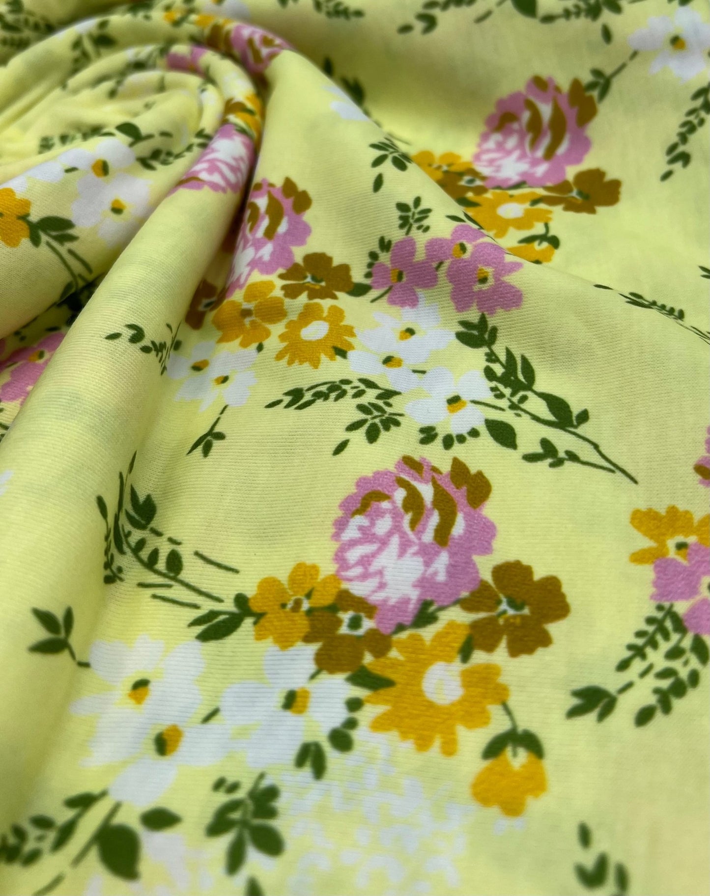 Lemon Yellow Floral Print Spun Poly Stretch Fabric - T9 Fabrics