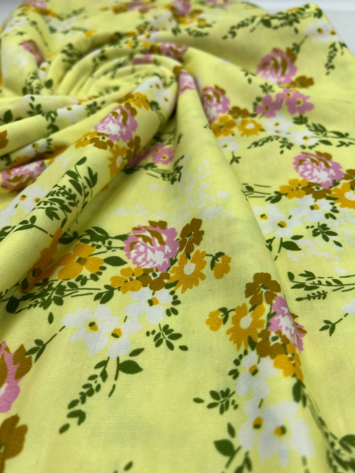 Lemon Yellow Floral Print Spun Poly Stretch Fabric - T9 Fabrics