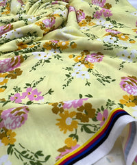 Lemon Yellow Floral Print Spun Poly Stretch Fabric - T9 Fabrics