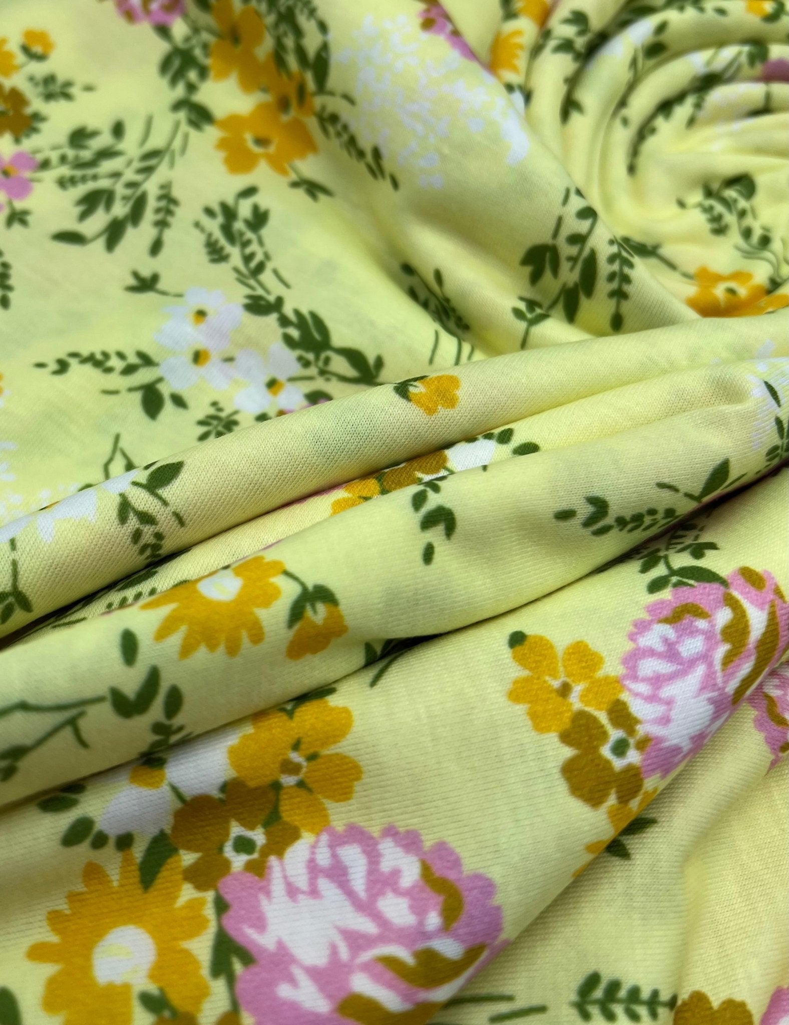 Lemon Yellow Floral Print Spun Poly Stretch Fabric - T9 Fabrics