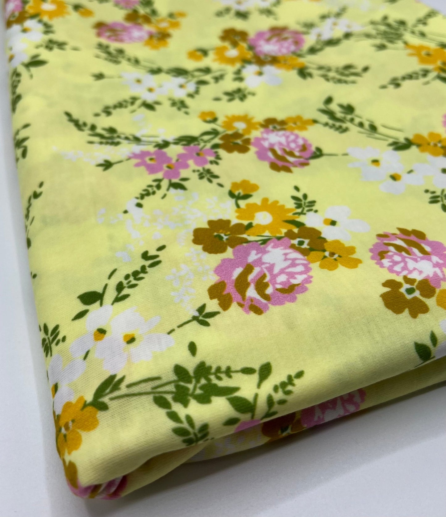 Lemon Yellow Floral Print Spun Poly Stretch Fabric - T9 Fabrics