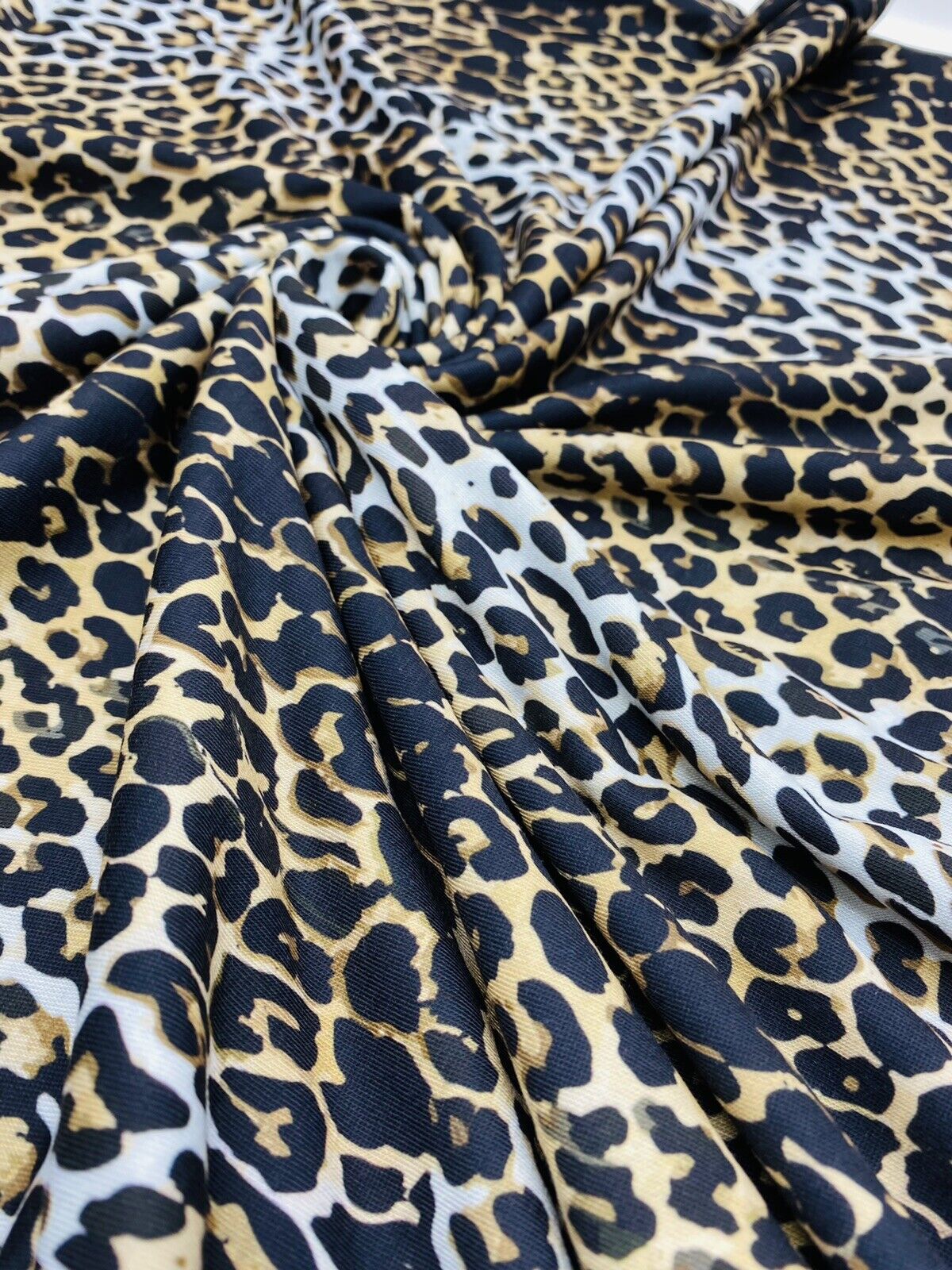 Leopard White Print Spun Poly Stretch Fabric - T9 Fabrics