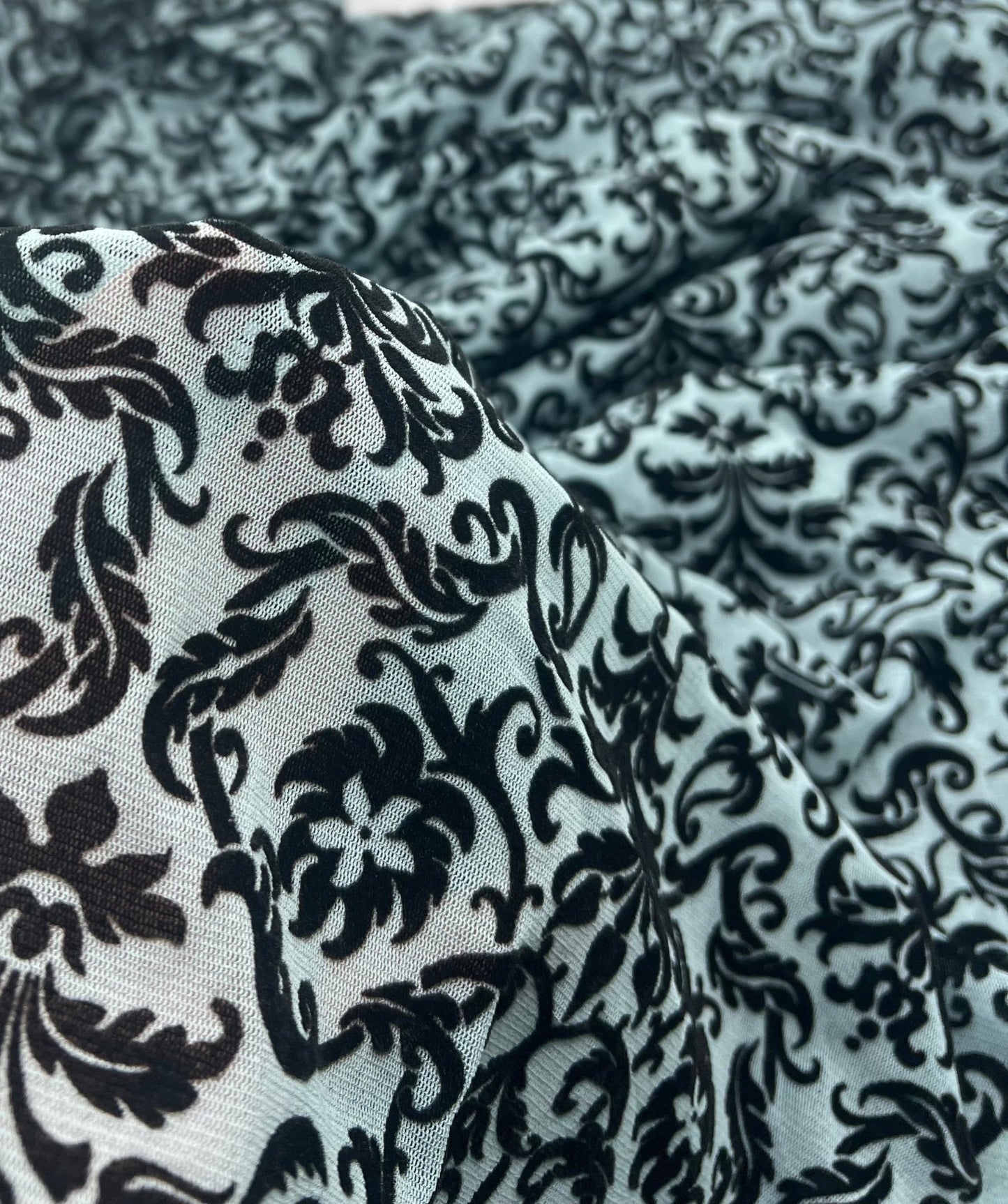 Light Blue Embossed Flocked Mesh Fabric 2 Way Stretch - T9 Fabrics