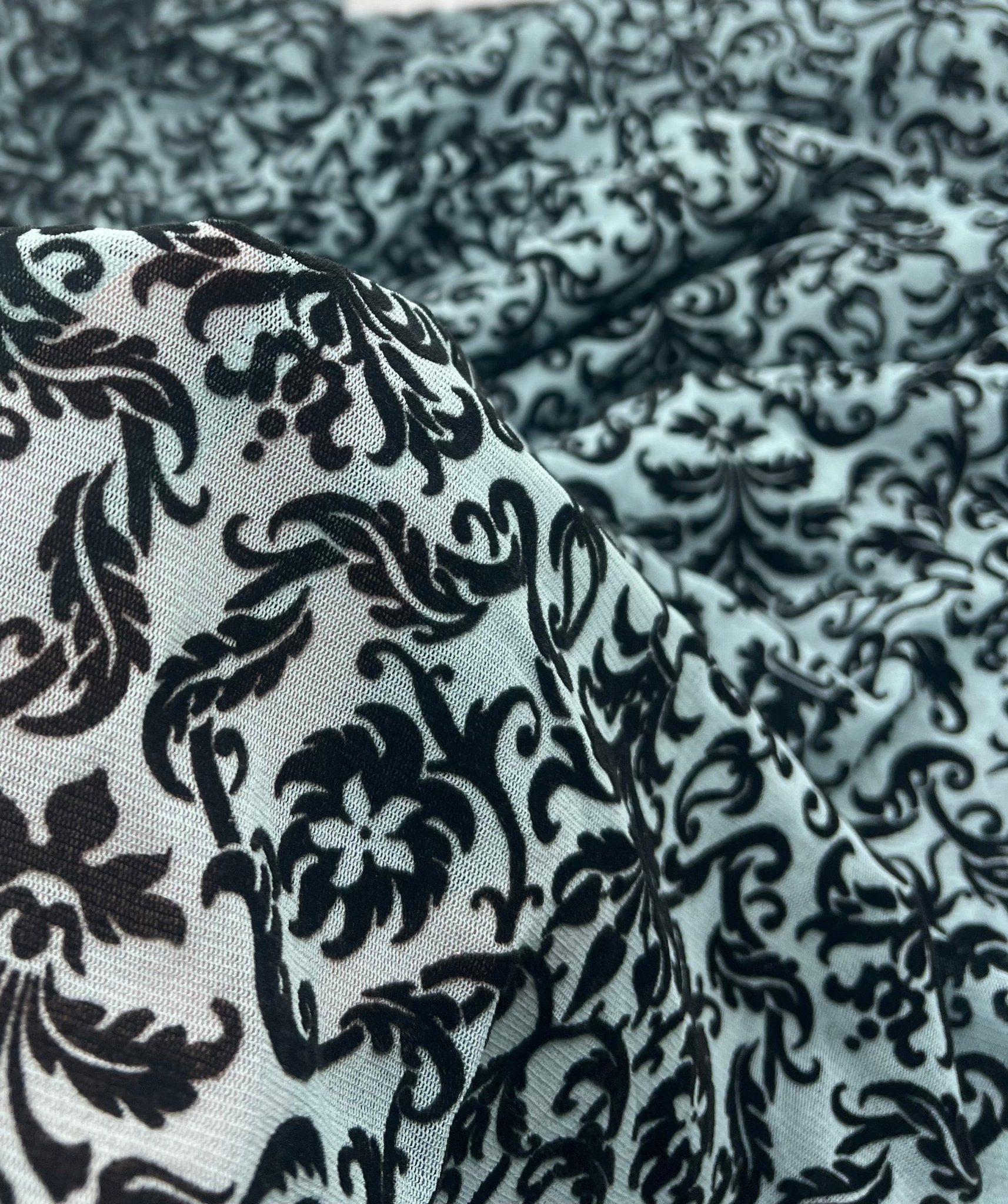 Light Blue Embossed Flocked Mesh Fabric 2 Way Stretch - T9 Fabrics