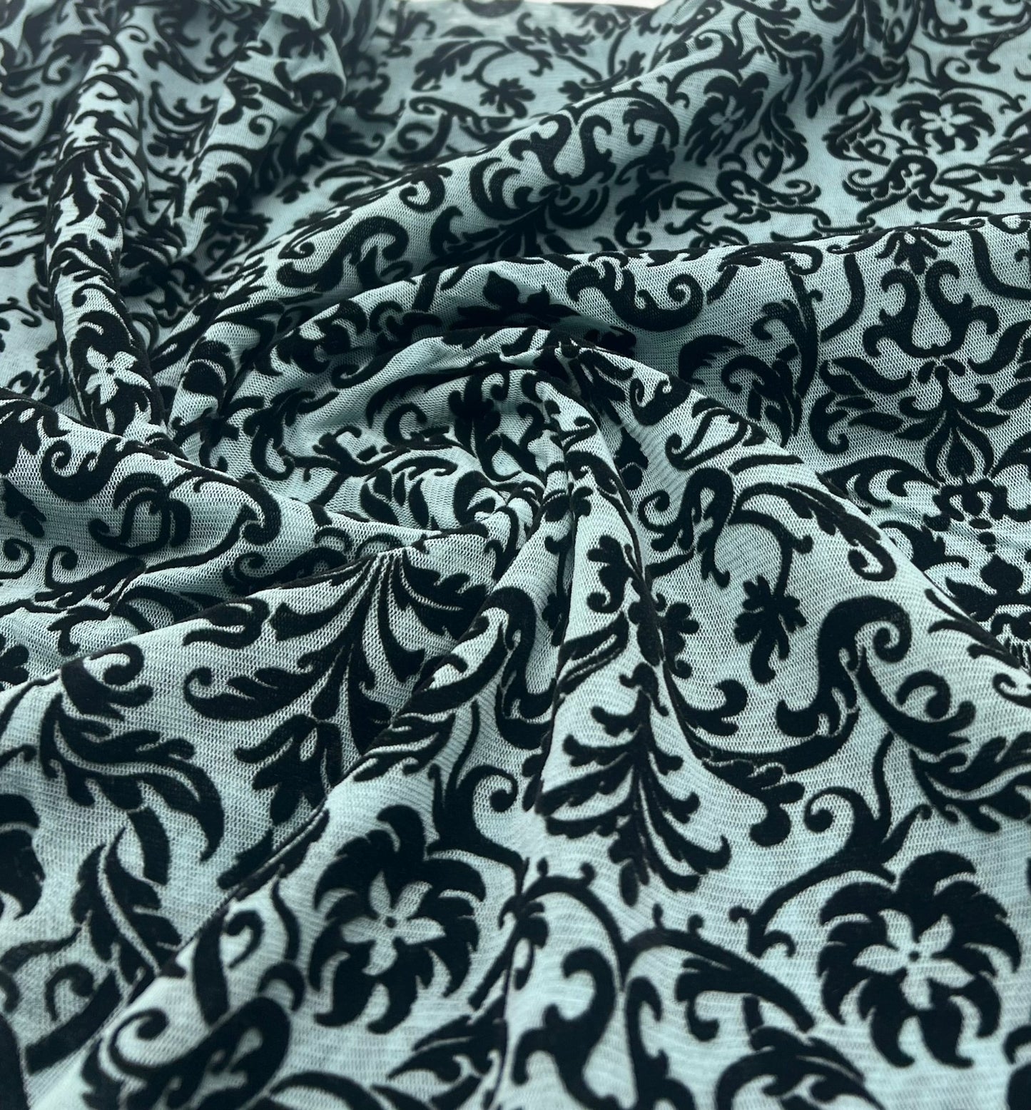 Light Blue Embossed Flocked Mesh Fabric 2 Way Stretch - T9 Fabrics