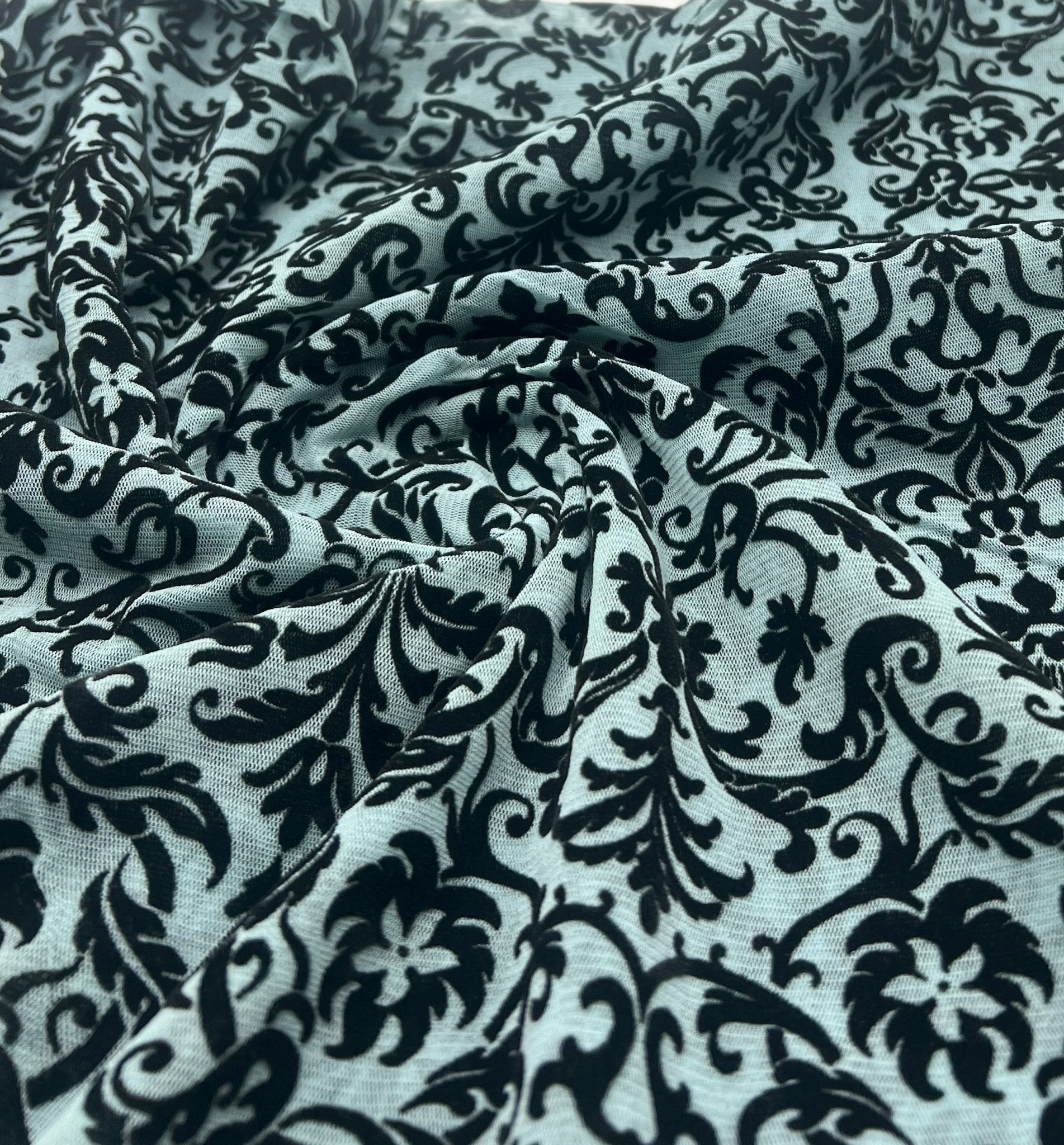 Light Blue Embossed Flocked Mesh Fabric 2 Way Stretch - T9 Fabrics