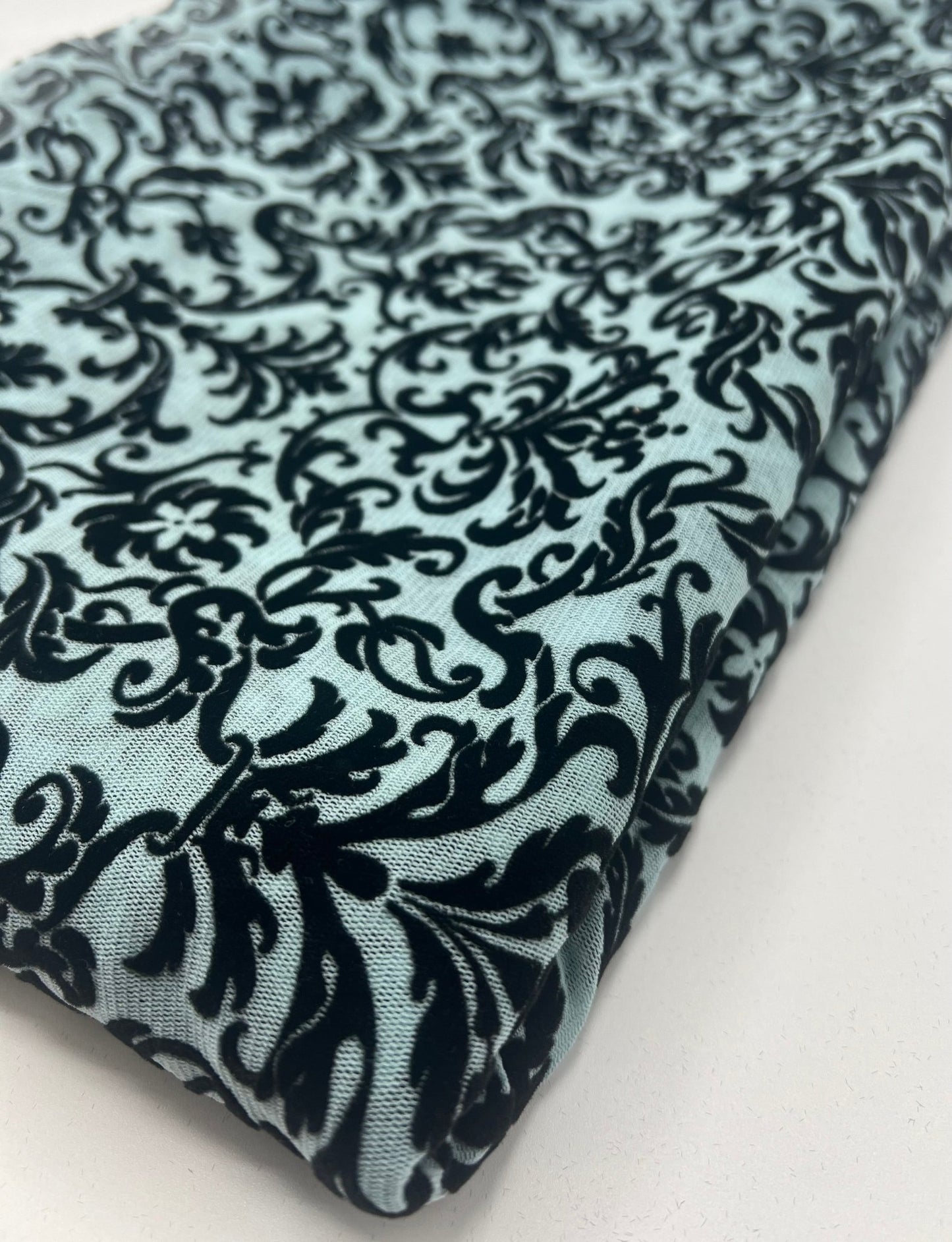 Light Blue Embossed Flocked Mesh Fabric 2 Way Stretch - T9 Fabrics