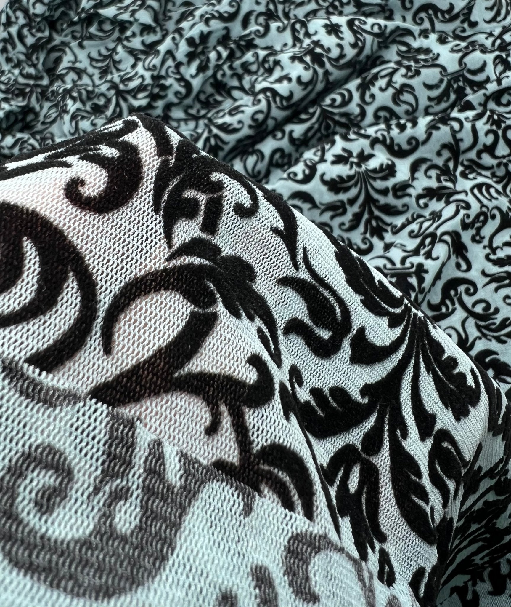 Light Blue Embossed Flocked Mesh Fabric 2 Way Stretch - T9 Fabrics