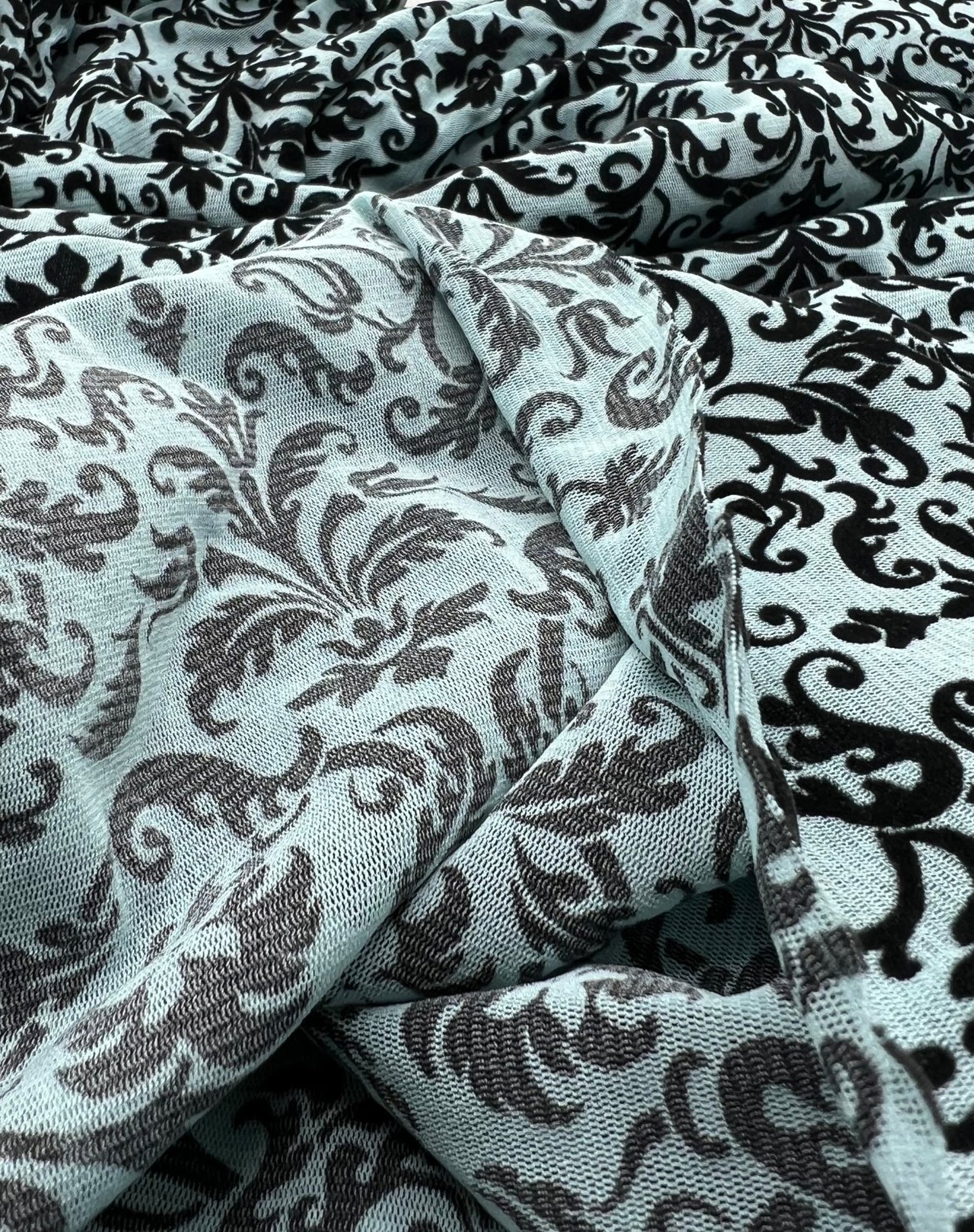 Light Blue Embossed Flocked Mesh Fabric 2 Way Stretch - T9 Fabrics