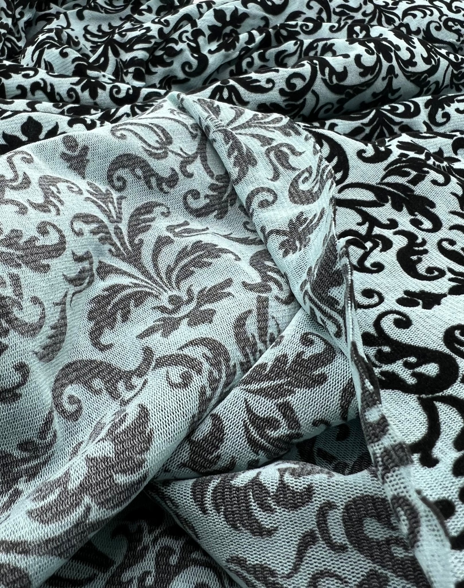 Light Blue Embossed Flocked Mesh Fabric 2 Way Stretch - T9 Fabrics