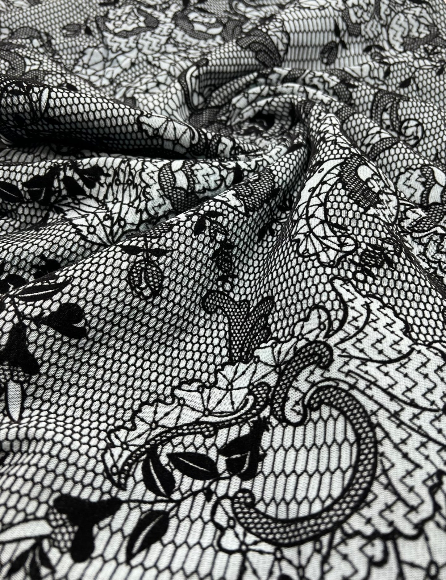 Light Blue Floral Embossed Flocked Mesh Fabric 2 Way Stretch - T9 Fabrics