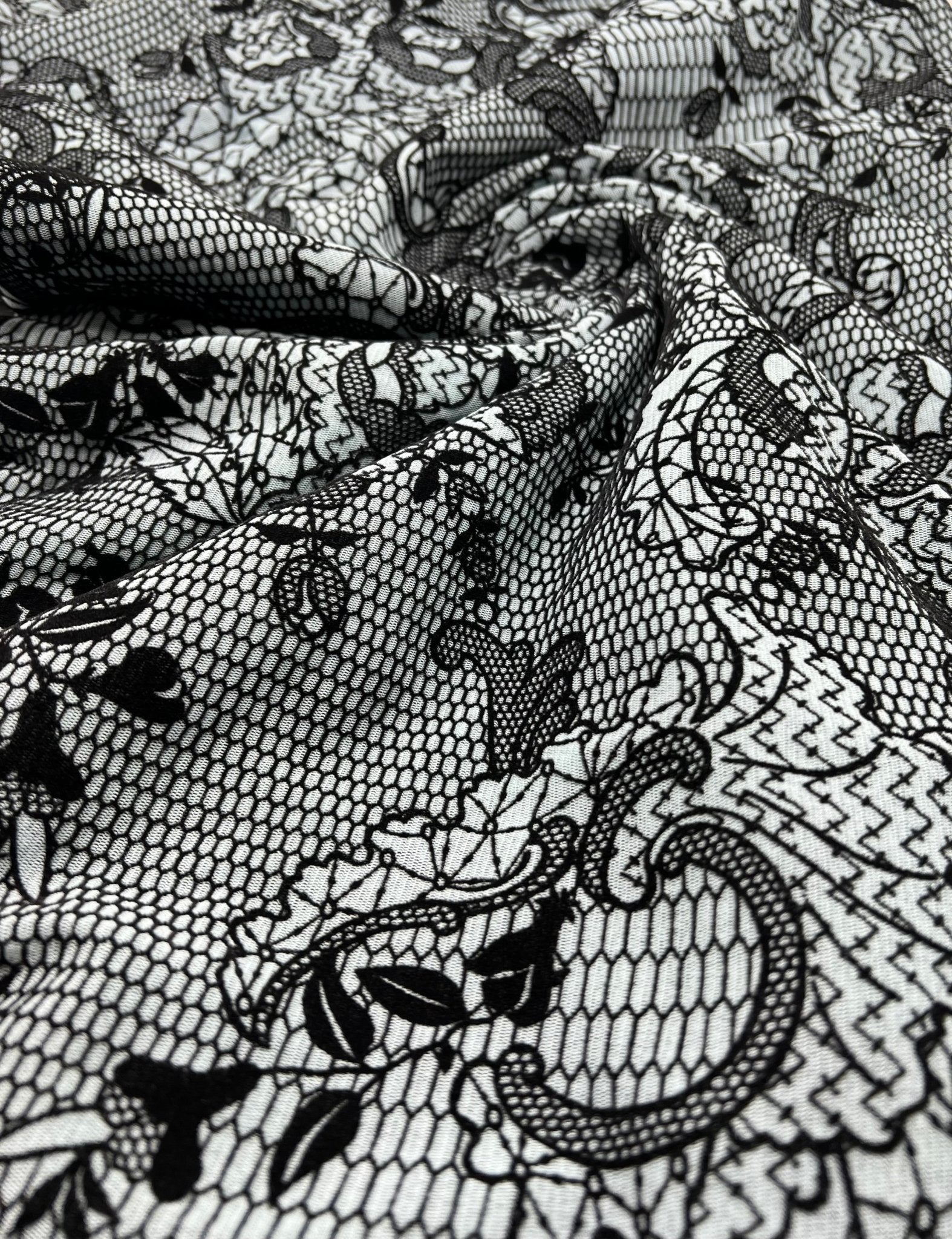 Light Blue Floral Embossed Flocked Mesh Fabric 2 Way Stretch - T9 Fabrics