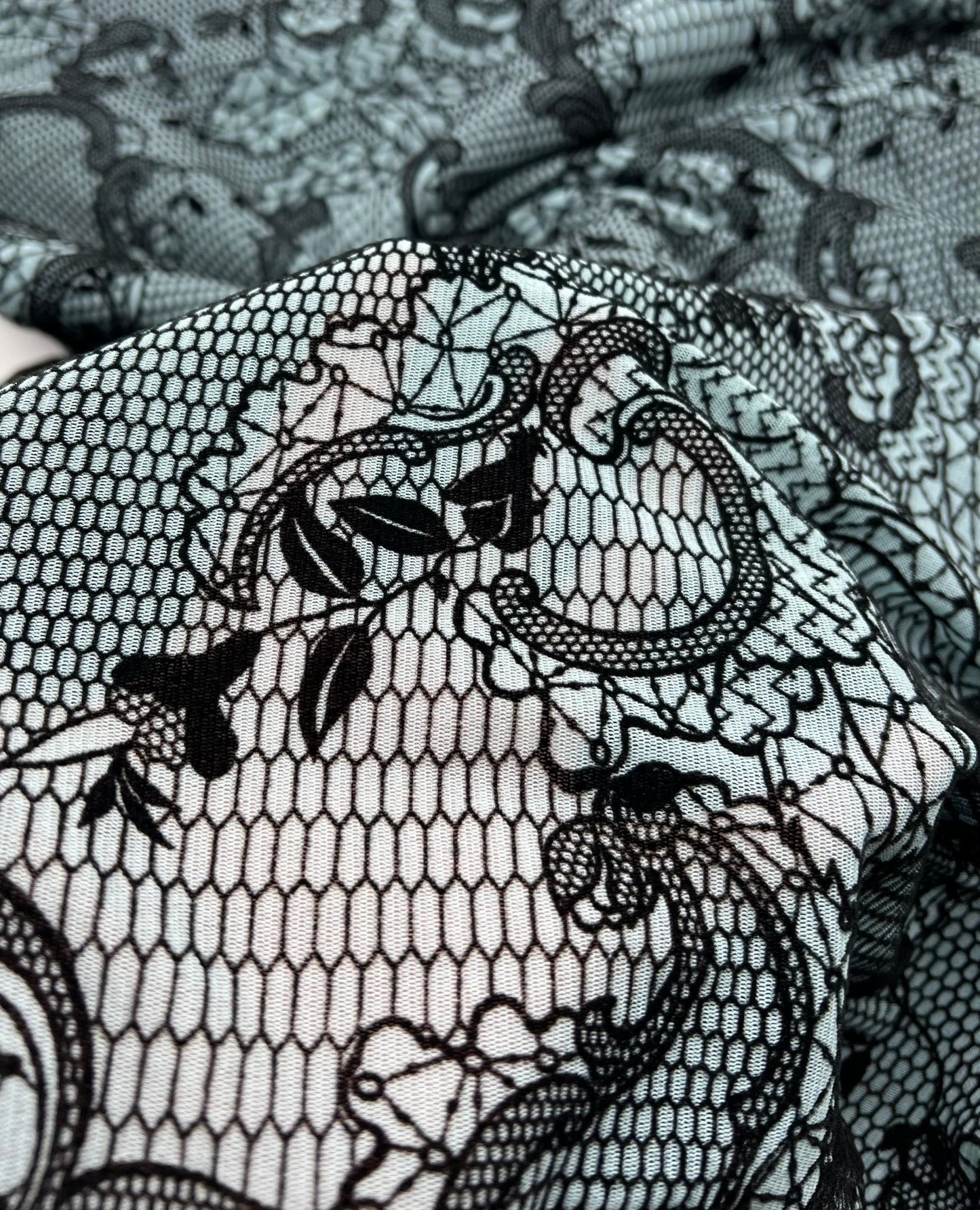 Light Blue Floral Embossed Flocked Mesh Fabric 2 Way Stretch - T9 Fabrics