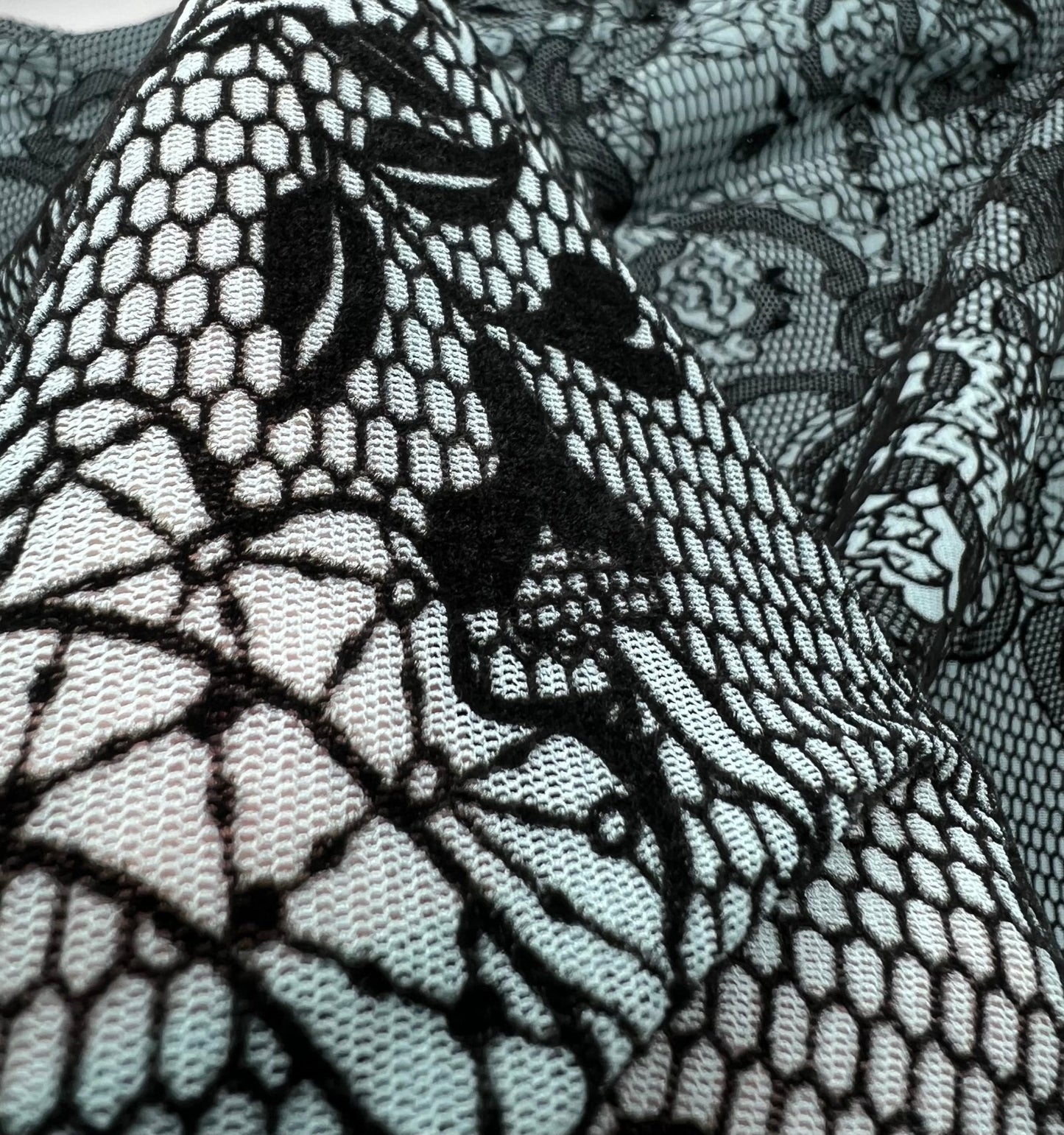 Light Blue Floral Embossed Flocked Mesh Fabric 2 Way Stretch - T9 Fabrics