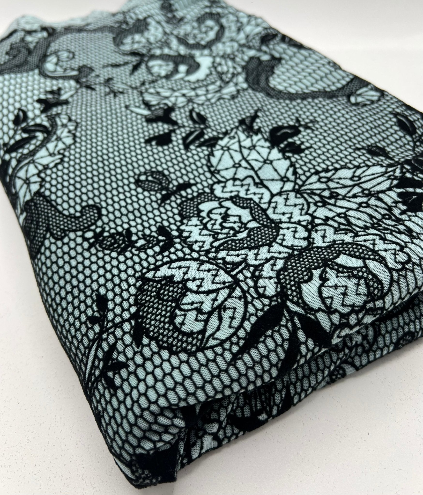 Light Blue Floral Embossed Flocked Mesh Fabric 2 Way Stretch - T9 Fabrics