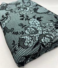 Light Blue Floral Embossed Flocked Mesh Fabric 2 Way Stretch - T9 Fabrics