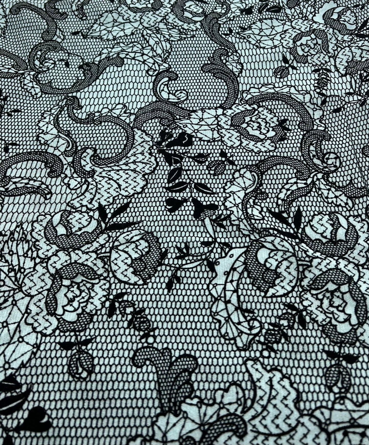 Light Blue Floral Embossed Flocked Mesh Fabric 2 Way Stretch - T9 Fabrics