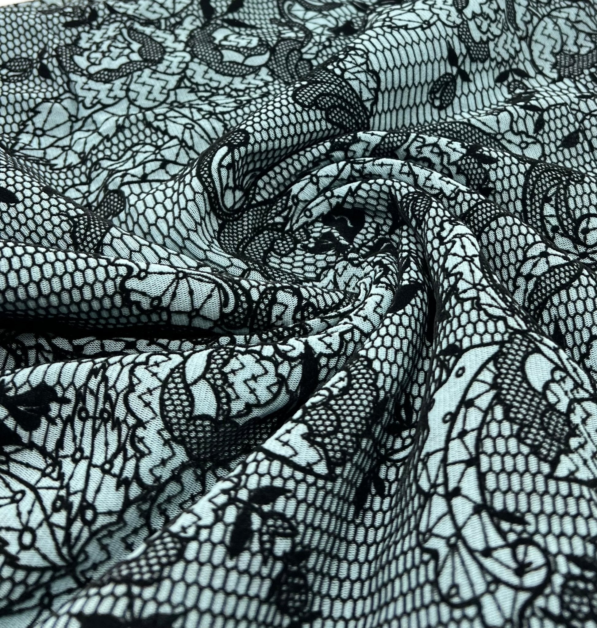 Light Blue Floral Embossed Flocked Mesh Fabric 2 Way Stretch - T9 Fabrics