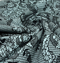 Light Blue Floral Embossed Flocked Mesh Fabric 2 Way Stretch - T9 Fabrics