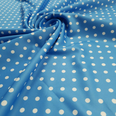 Light Blue/White Polka Dot Printed Plain Scuba Fabric - T9 Fabrics