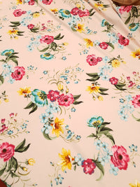 Light Pink Floral Printed Scuba Crepe Jersey Fabric 4 Way Stretch - T9 Fabrics