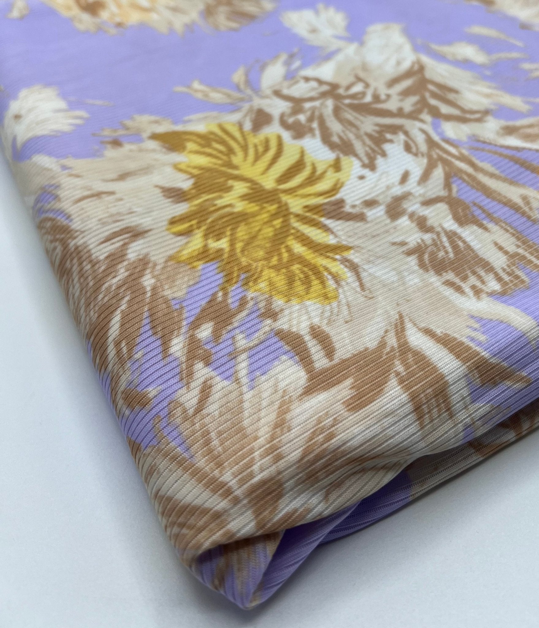 Lilac Floral Print 2X1 Fine Rib Stretch Fabric - T9 Fabrics