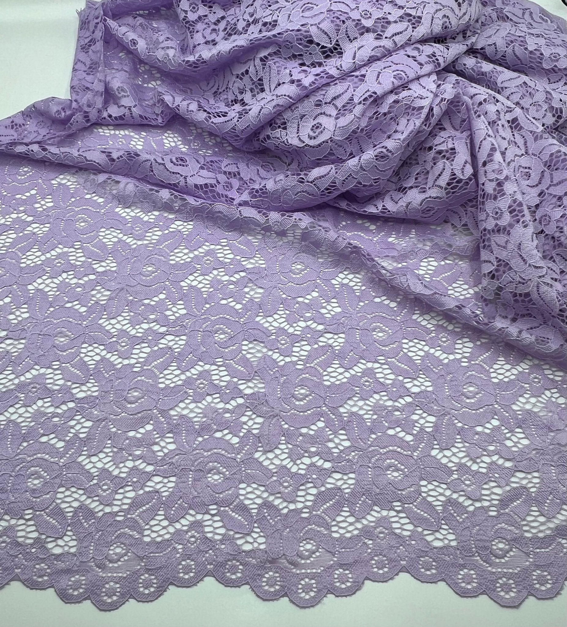 Lilac Scalloped Edge Floral Lace Fabric Stretch - T9 Fabrics