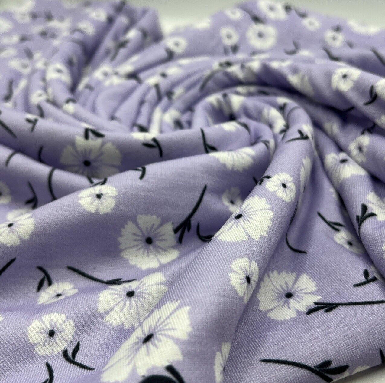 Lilac White Floral Print Spun Poly Stretch Fabric - T9 Fabrics