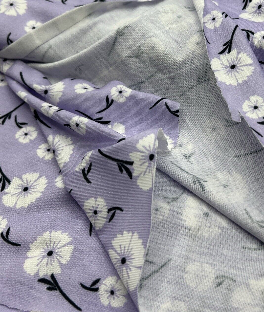 Lilac White Floral Print Spun Poly Stretch Fabric - T9 Fabrics